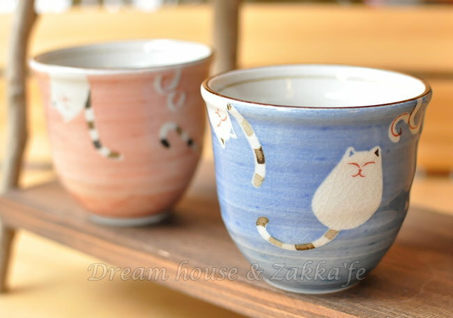 日本製 和心 裂紋陶瓷湯吞/茶杯/水杯 福氣貓 《 藍/粉 2色任選 》《 日本進口 》★ Zakka'fe ★