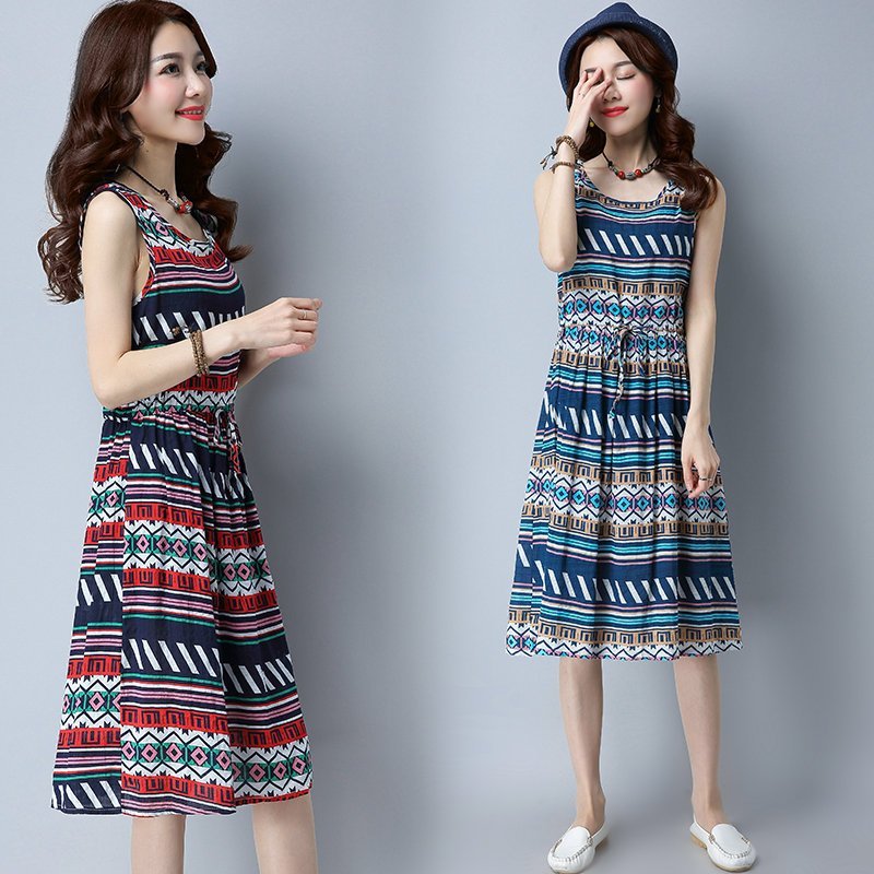 FINDSENSE G5 韓國時尚 夏季 新款 棉麻背心裙 寬鬆 中長款 條紋 連身裙 無袖 女裙