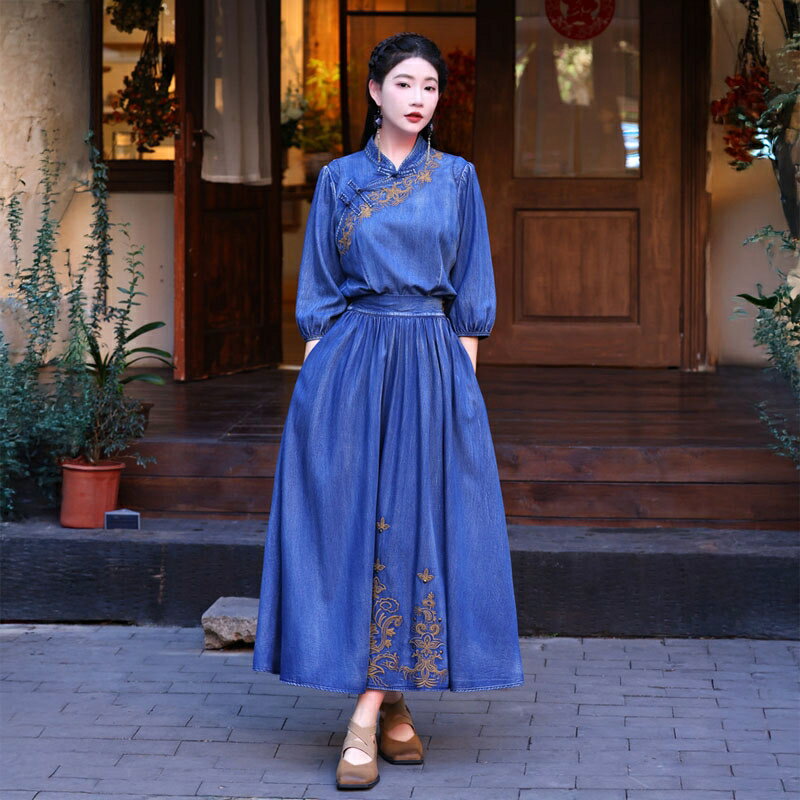現貨+預購 新中式休閒套裝連身長裙裝(中國風刺繡盤扣牛仔女裝74ku85)【獨家進口】【米蘭精品】