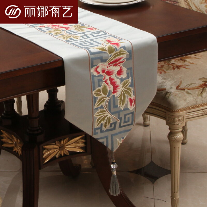 現代簡約中式回紋桌旗餐桌布藝 床旗床尾巾 電視鞋柜茶幾桌布桌旗