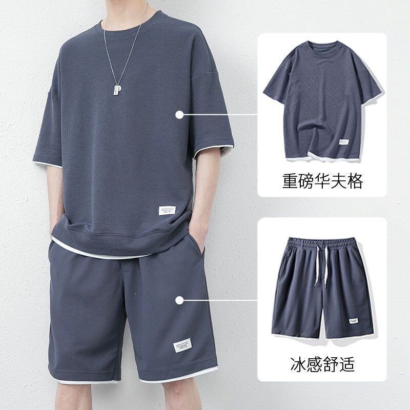 華夫格休閒套裝男|大尺碼115公斤兩件套|夏季青少年短袖套裝|純色男裝運動套裝|短袖速乾套裝|韓版短褲兩件套|五分褲套裝