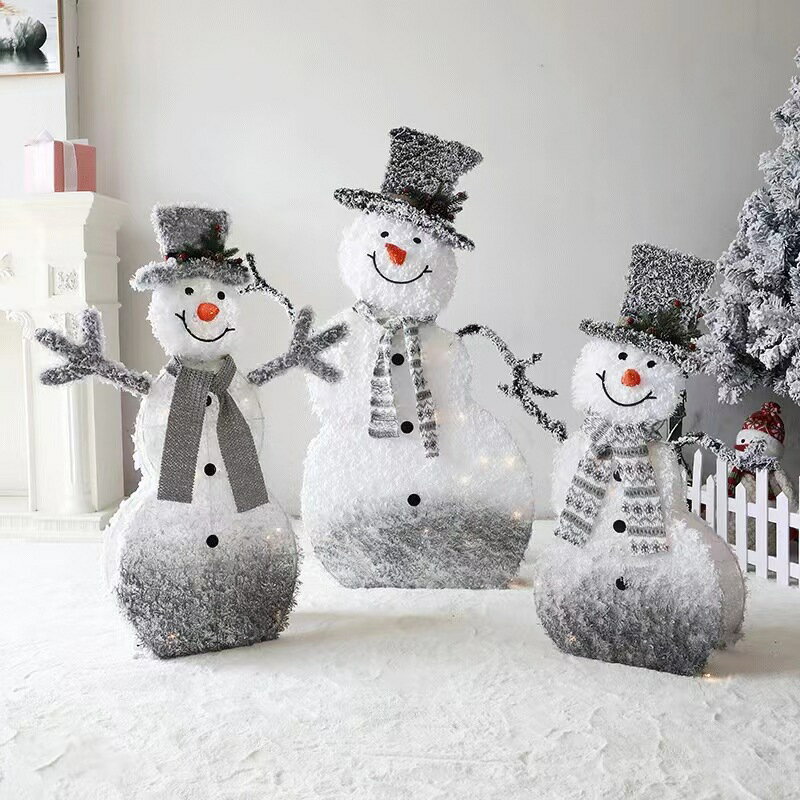 聖誕新品可拆裝鐵藝支架植絨帶燈可發光雪人場景裝飾布置道具擺件