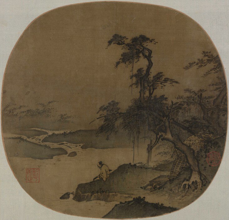 宋畫小品仿古畫名畫復製品宋夏圭臨流撫琴圖山水畫國畫冊頁團扇