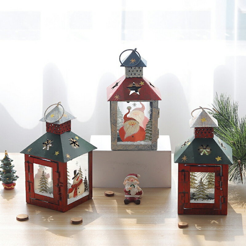 圣誕老人雪人復古燭臺圣誕節氣氛裝飾品手提燈玻璃蠟燭臺創意擺件