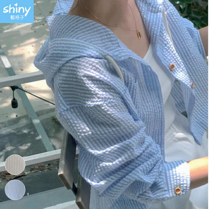 都會女伶．單排釦抽繩連帽短版長袖外套-shiny藍格子【V3997】