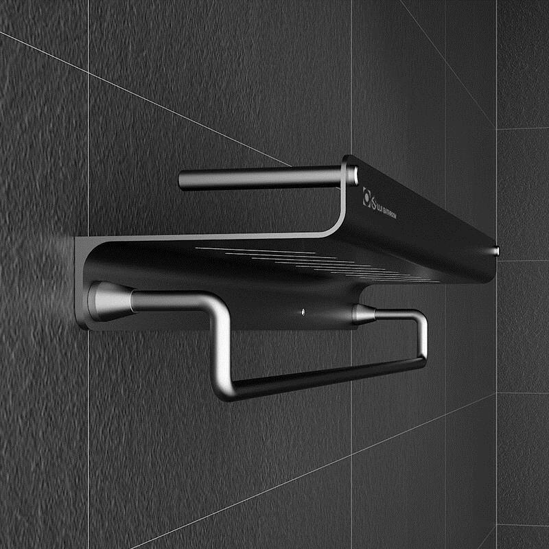 免打孔厠所太空鋁浴室浴巾架特厚衛浴廚房黑色毛巾架衛生間置物架