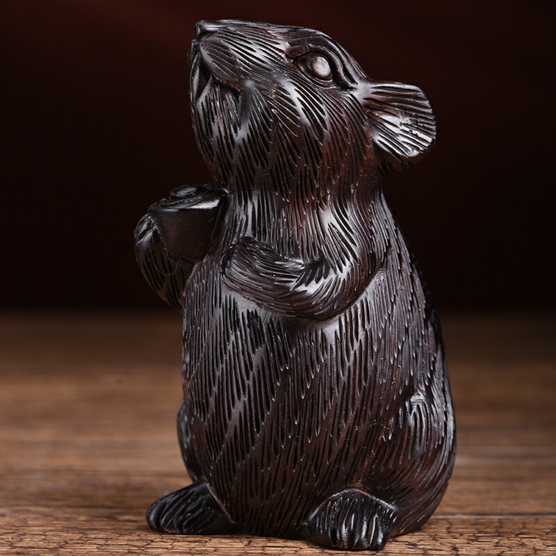 玄同 黑檀木雕老鼠擺件十二生肖鼠開線鼠家居飾品客廳裝飾禮品