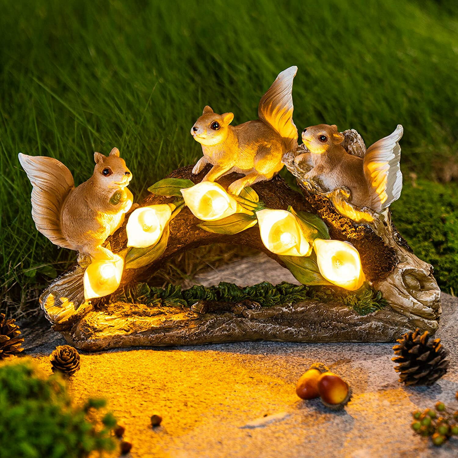 戶外太陽能樹脂花園擺件燈三只松鼠工藝品仿真動物園藝草坪裝飾燈