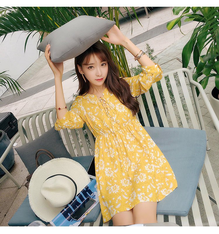 FINDSENSE G5 韓國時尚 夏季 中裙 黃色 清新 碎花 七分袖 連身裙