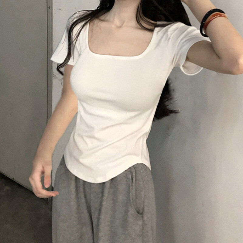 蘿蔔大叔正肩短袖t恤2026夏季新款方領打底衫女顯瘦內搭修身上衣#Hi, 貼心優衣家居#