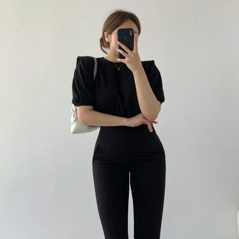 ANNAS 正韓墊肩造型短袖上衣 棉質短T 百搭素面顯瘦縮腰 韓國短袖T恤 5