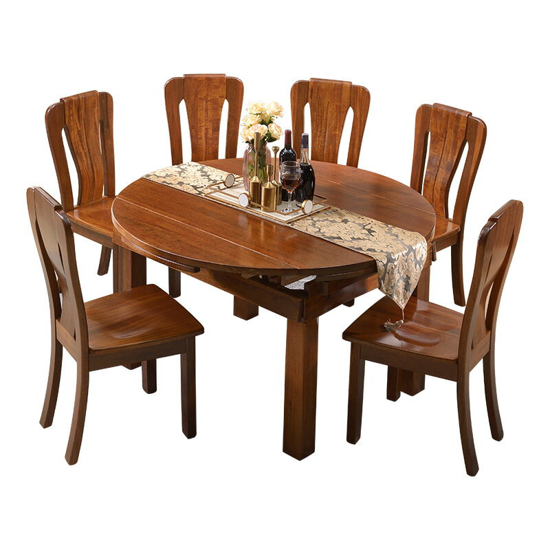 【免運】美雅閣| 全實木餐桌椅組合伸縮折疊現代簡約46人飯桌小戶型中式胡桃木家具