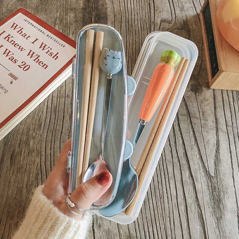 木質筷子不銹鋼勺子餐具兩件套裝可愛創意便攜學生外帶收納餐具盒