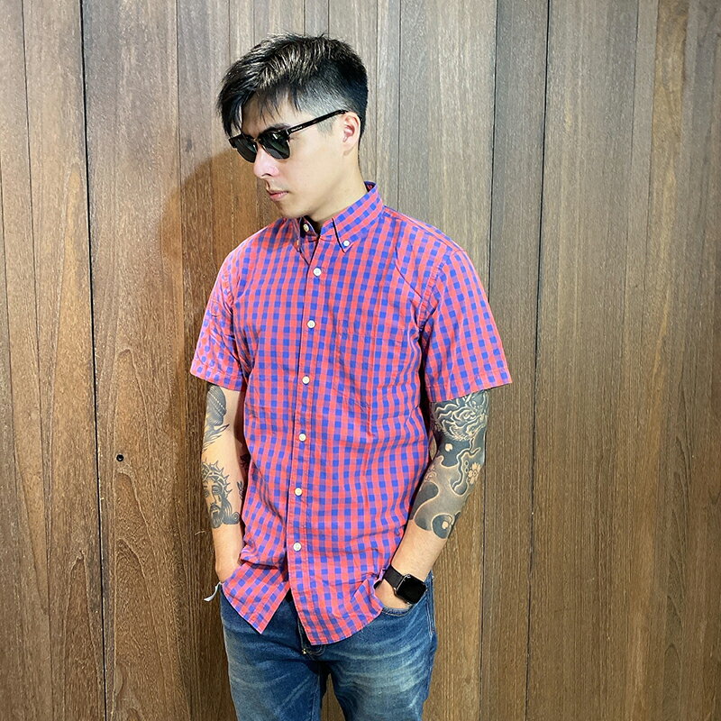 美國百分百【全新真品】J.crew 格紋 短袖襯衫 條紋 JC 上衣 男 紅底藍格紋 XS、S號 A607