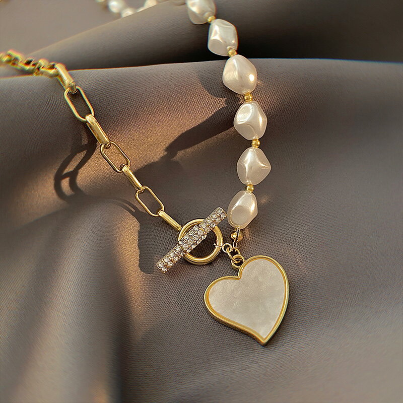 愛心珍珠項鏈女輕奢小眾設計感金屬拼接鎖骨鏈氣質高級頸鏈毛衣鏈