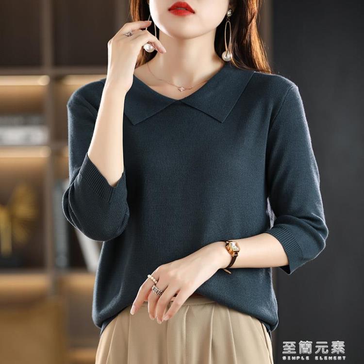 polo領七分袖羊毛打底衫女娃娃領套頭針織衫寬鬆洋氣短款內搭方領聖誕 99購物節
