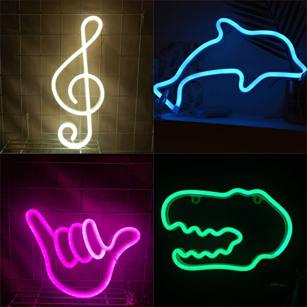 七彩霓虹燈 LED霓虹燈 INS造型派對燈 海豚 音符 手指 恐龍頭 掛式 USB裝飾燈 氛圍燈 派對燈 房間佈置燈