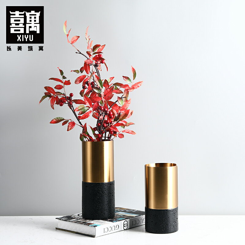 北歐現代家居軟裝飾品黃銅ins花瓶歐式輕奢擺件客廳插花模擬乾花