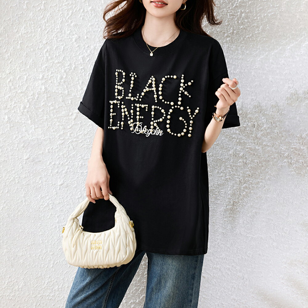 ＊ORead＊韓版復古釘珠圓領短袖休閒上衣(黑色L~5XL)