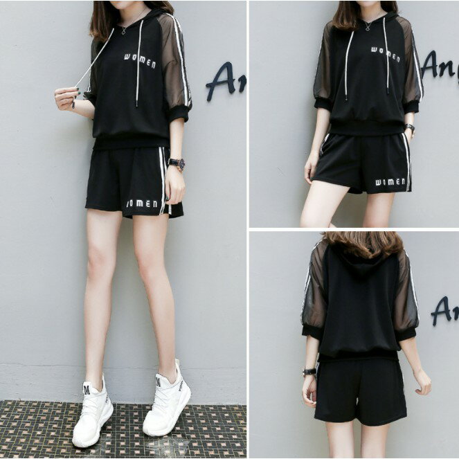 中大尺碼女裝 韓版寬鬆五分袖連帽休閒運動套裝 女短褲 兩件套 連帽T恤+短褲 櫻桃嚴選 6