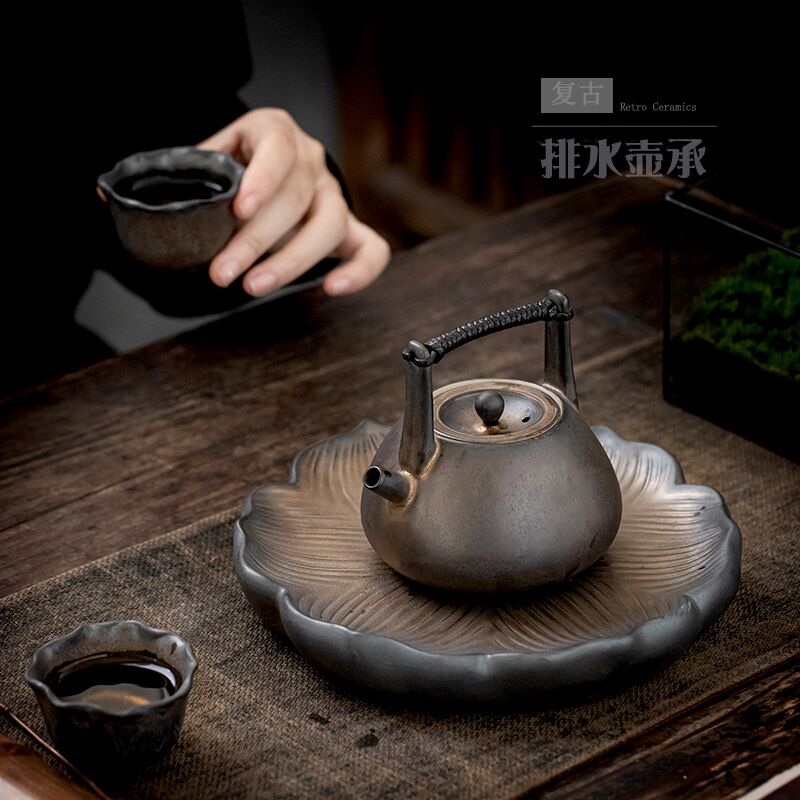 陶瓷復古干泡臺家用小號茶盤日式茶承簡約壺承茶壺底座可排水儲水
