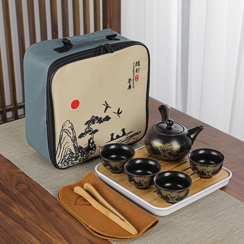 【文創藝術10】握把壼創意功夫『竹林山水』旅行茶具(1壼4杯)