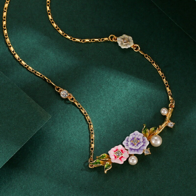 【巴黎精品】項鍊琺瑯吊墜-玫瑰花朵水晶珍珠女飾品a1gf30