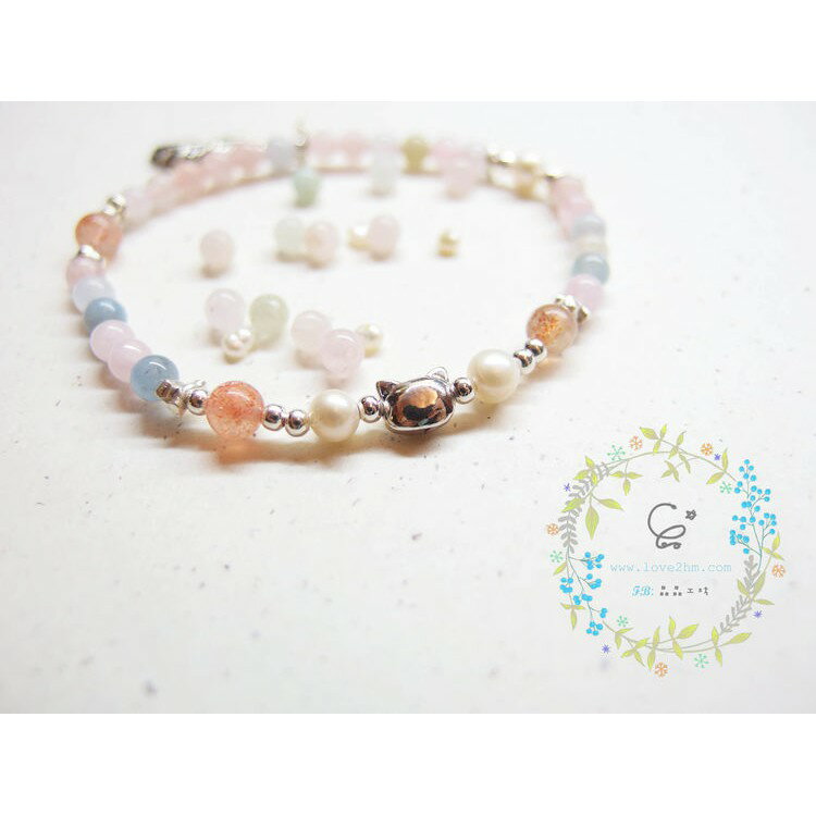 小日子/太陽石/摩根石/天然淡水珍珠/水晶手鍊/925純銀/[晶晶工坊-love2hm] 1