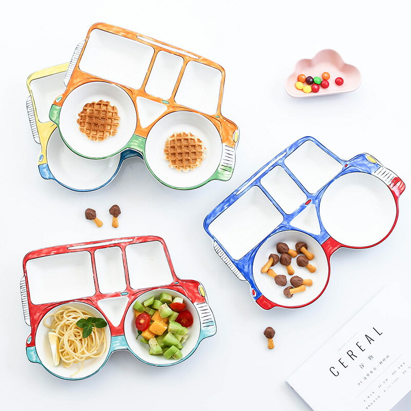 兒童餐盤寶寶餐具陶瓷創意卡通汽車早餐盤子碗可愛家用分隔分格盤