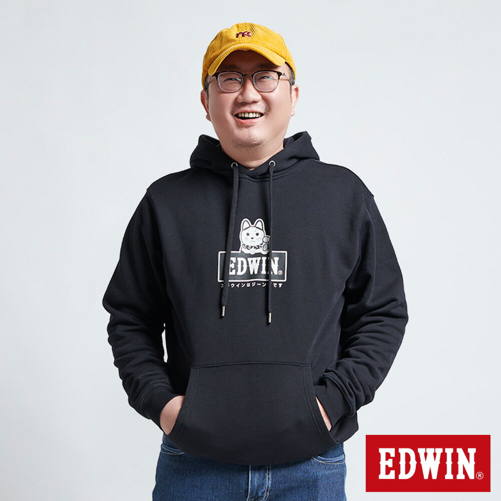 EDWIN 男女款 東京散策系列 招財貓連帽長袖T恤 (黑色)