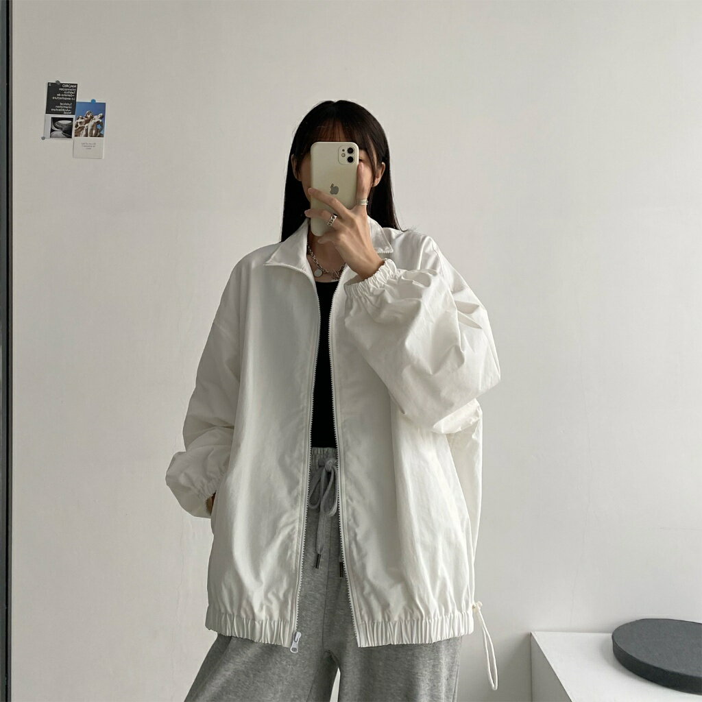 FUXI 防曬外套女 薄款翻領外套 防曬衣 韓版寬鬆休閒夾克 素色運動外套 中長款外套 女裝 衣服