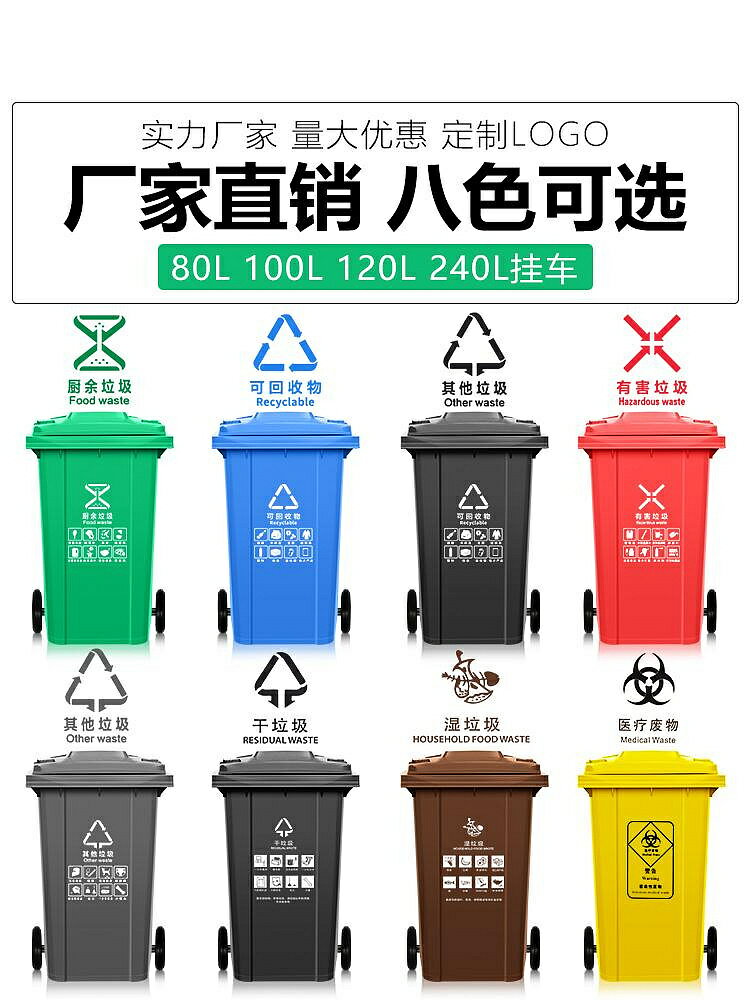 現貨：戶外分類垃圾大號商用容量室公共場合物業環衛掛車桶垃圾桶240L升