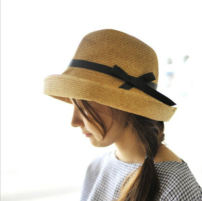夏季帽子女士日本可折疊草帽蝴蝶結絲帶遮陽帽卷邊出游防曬帽盆帽1入