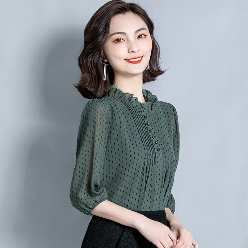 雪紡襯衫女裝年早秋新款復古中袖上衣洋氣七分袖襯衣遮肚小衫 0