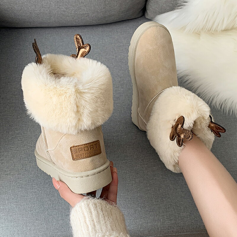 冬季雪地靴女短筒2021年新款加厚保暖棉靴可愛麋鹿角短靴皮毛一體