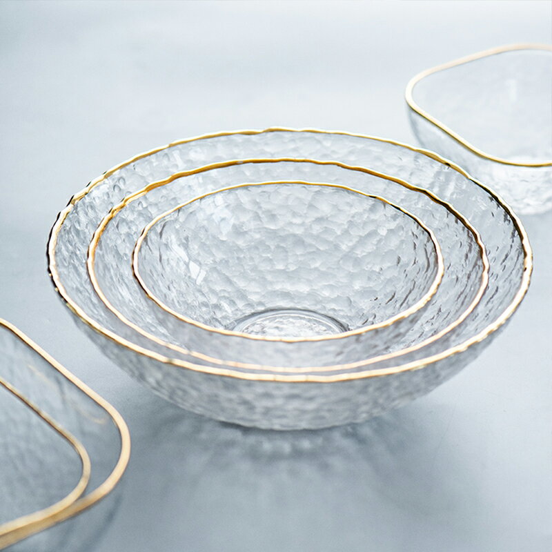 透明玻璃湯面碗水果沙拉碗日式INS風金邊錘紋玻璃碗創意家用餐具