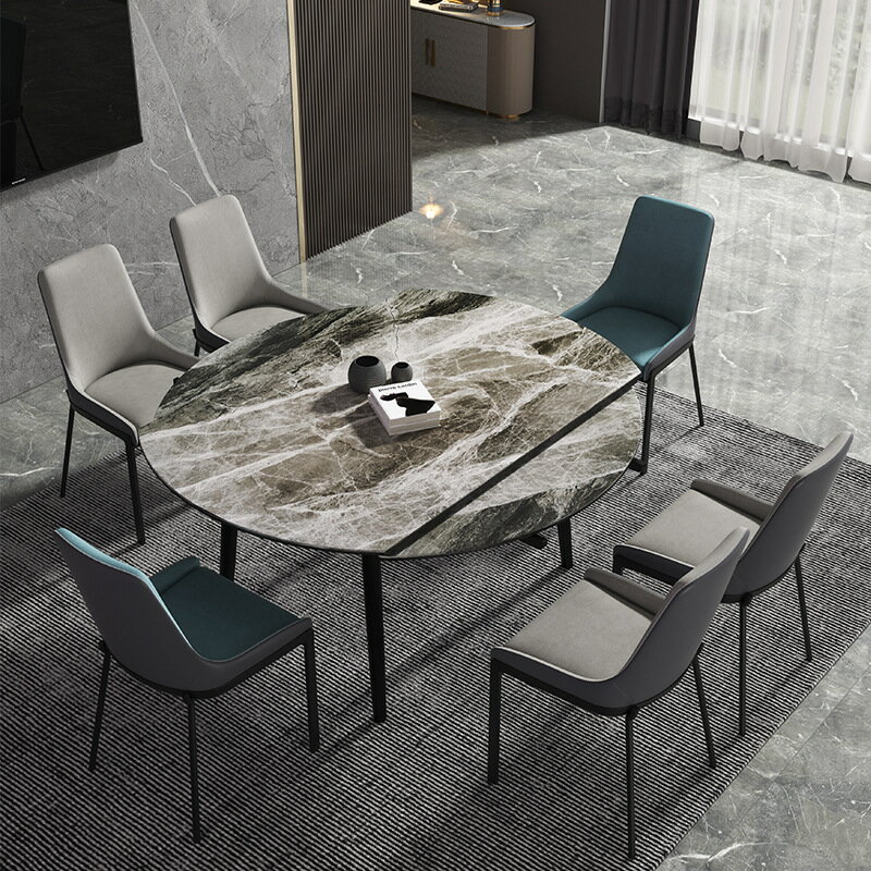 家用小戶型亮光巖板圓桌伸縮折疊圓形飯桌現代簡約輕奢餐桌椅組合