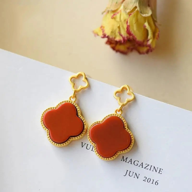 【墜享】S925純銀古法銀鑲嵌天然南紅瑪瑙四葉草耳釘簡約時尚飾品