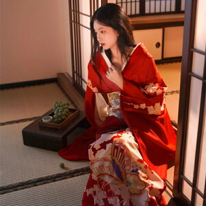 日式和服 日式和服改良版傳統復古風長款少女旅游約拍寫真紅色櫻花浴衣服裝【HZ66840】