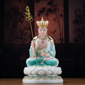 漢白玉地藏王佛像玉雕鑲金九華山地藏菩薩坐像中式家居佛堂擺件