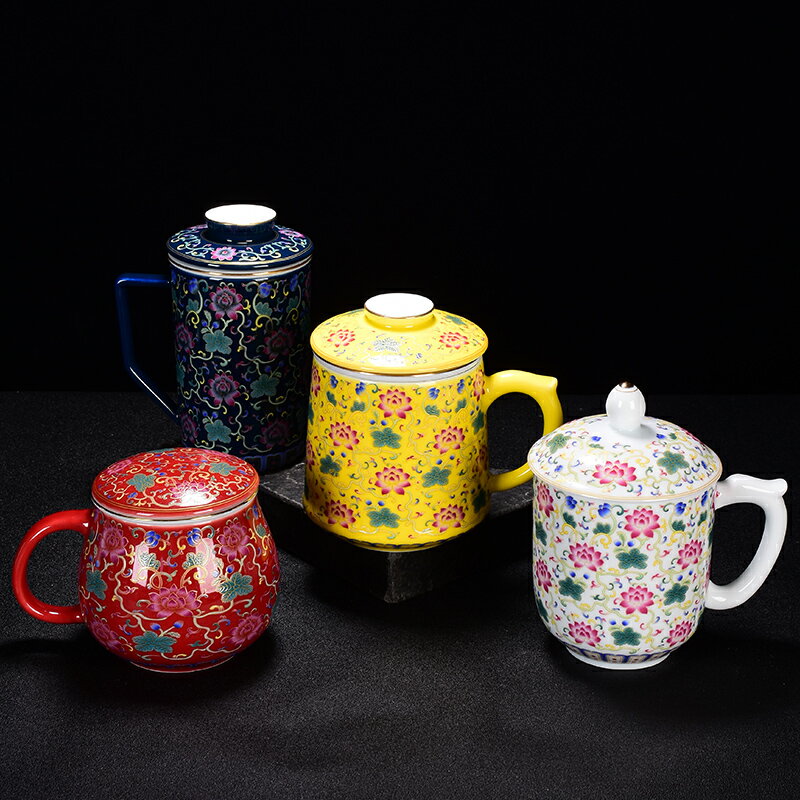 琺瑯彩馬克杯辦公茶水分離帶過濾陶瓷水杯家用帶蓋過濾個人杯茶杯