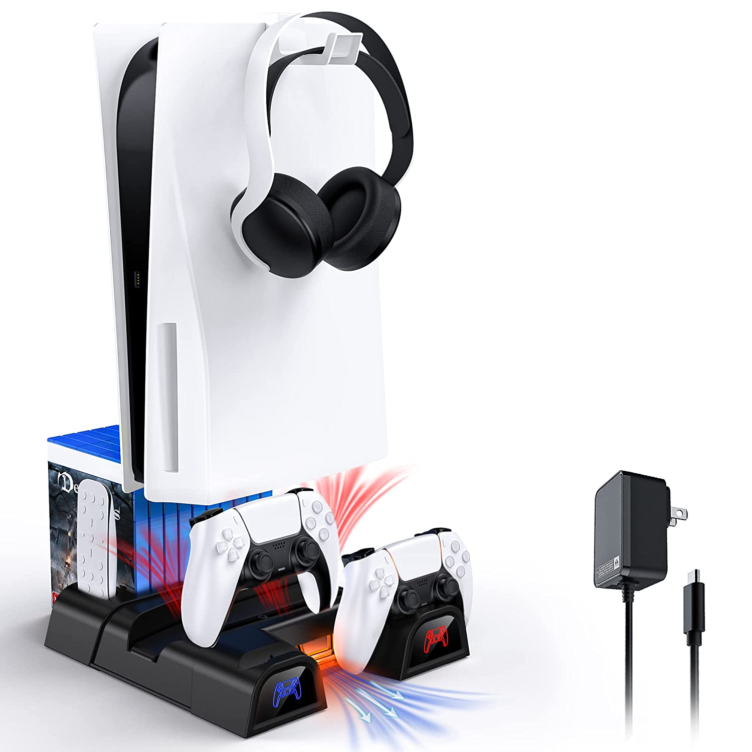 [3美國直購] NexiGo PS5 主機支架 風扇3速可調 含耳機支架 充電器 10遊戲卡盒收納槽 適 Playstation 5 數位版 光碟版