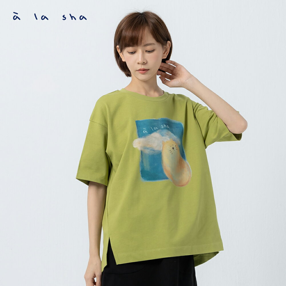 a la sha 手繪感Q咪印花落肩短袖上衣 2
