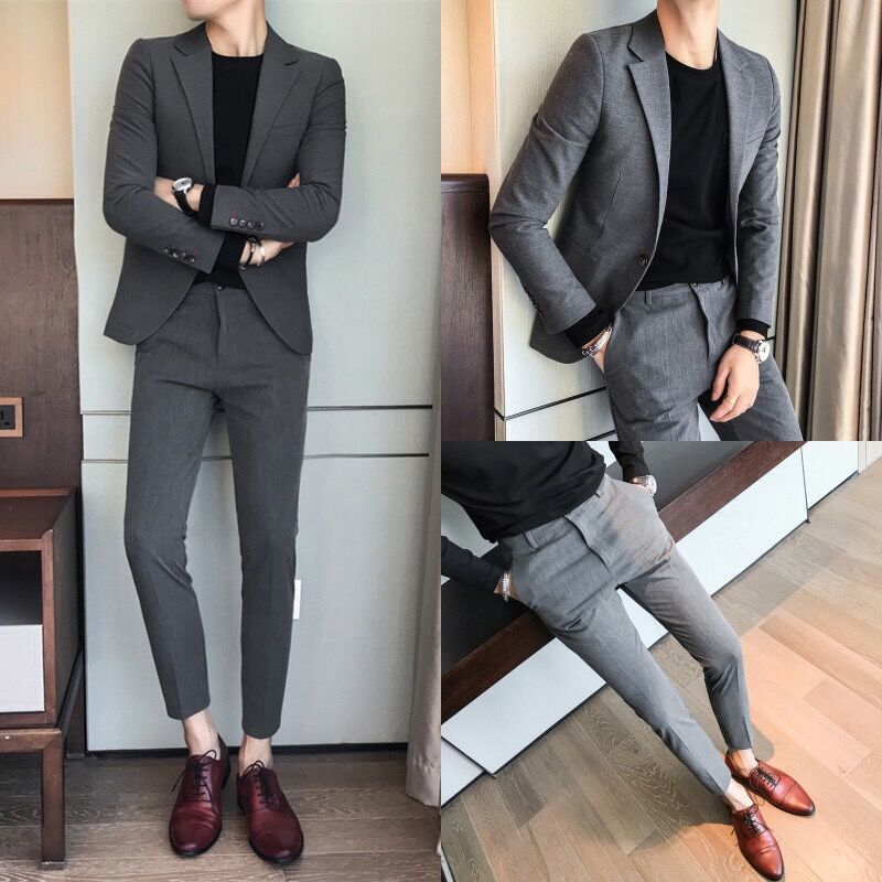 韓版修身商務潮男春秋季休閑純色刺繡西服套裝發型師小西裝外套—貼心服飾