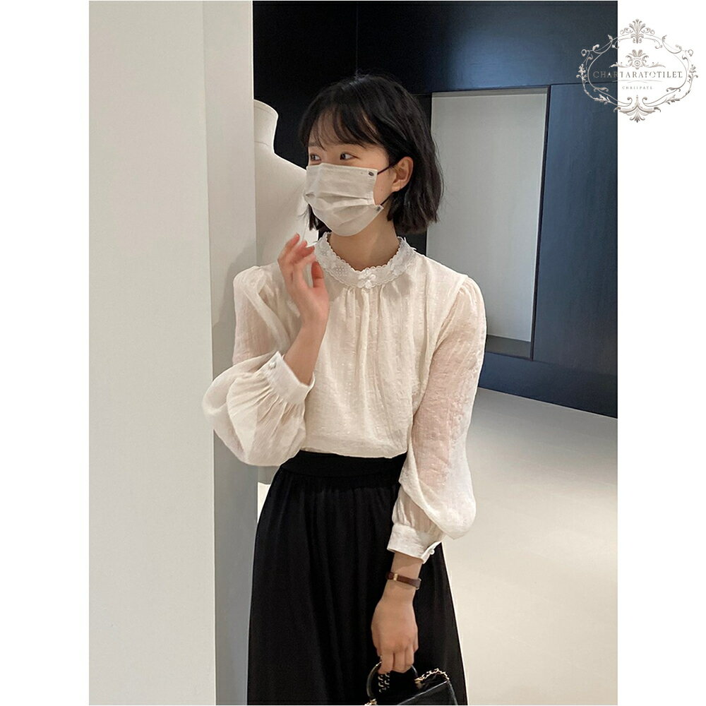 Charlotte 超仙立體花朵 女天絲紗氣質上衣 蕾絲雙層打底薄長袖上衣 法系浪漫氣質上衣【CHSH116】