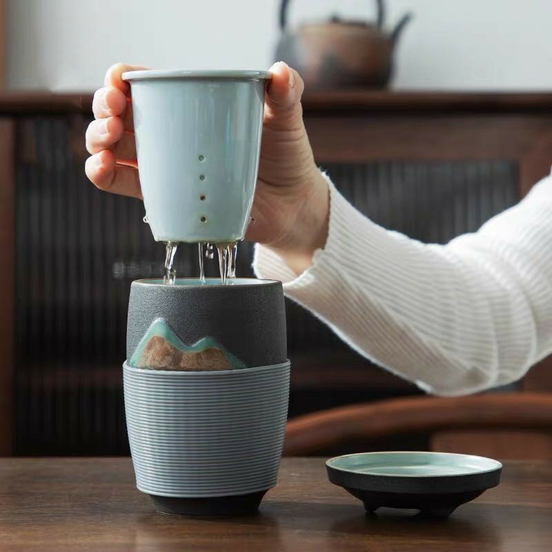 中式辦公室家用泡茶杯水杯 陶瓷馬克杯帶蓋過濾旅行茶杯