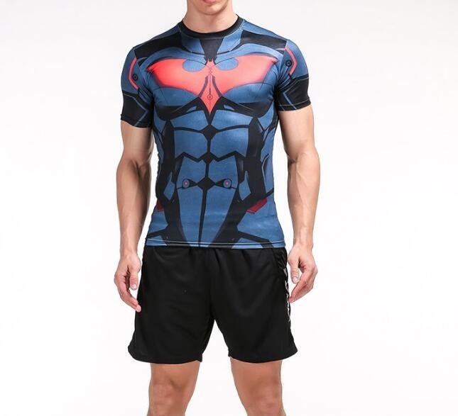 FINDSENSE MD 日系 時尚 男 藍紅蝙蝠標誌 高彈力 緊身運動短T 訓練服 跑步 健身T恤 3D圖案 短袖T恤