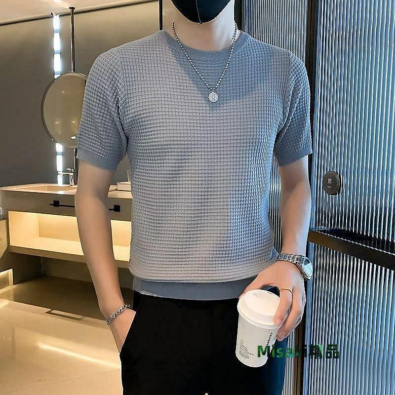 夏季新款華夫格短袖t恤男士 t恤 短袖 高階韓版帥氣緊身打底衫 冰絲透氣短袖男-真男人專賣店-Misaki精品