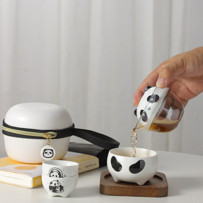 茶具 茶具套裝 創意熊貓戶外旅行功夫茶具套裝便攜快客杯旅行包陶瓷泡茶壺喝茶杯