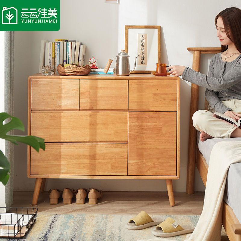 免運 邊櫃 收納櫃 整理櫃 云云佳美實木鬥櫃櫻桃色客廳邊櫃家用收納櫃抽屜櫃簡約現代五斗櫃 可開發票